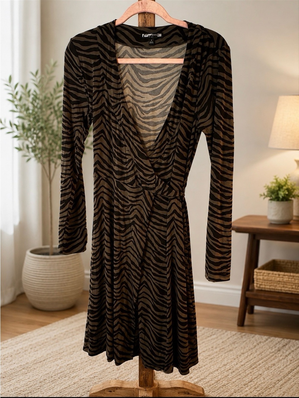 Long Sleeve Zebra Wrap Dress - Brown & Black Banana Republic S